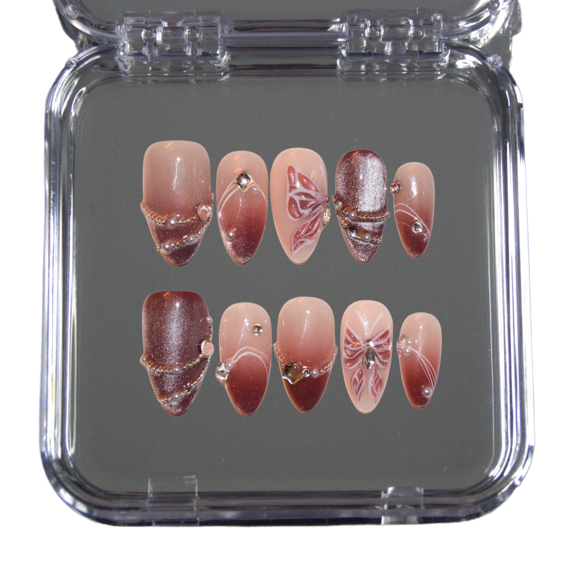 Set complet d’ongles press-on Butterfly faits main en gel et acrylique haut de gamme, design papillon et dégradés rose.