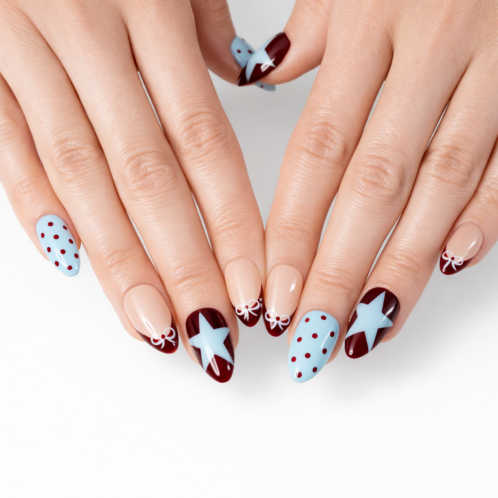 Faux ongles réutilisables faits main étoiles et pois marron et bleu 