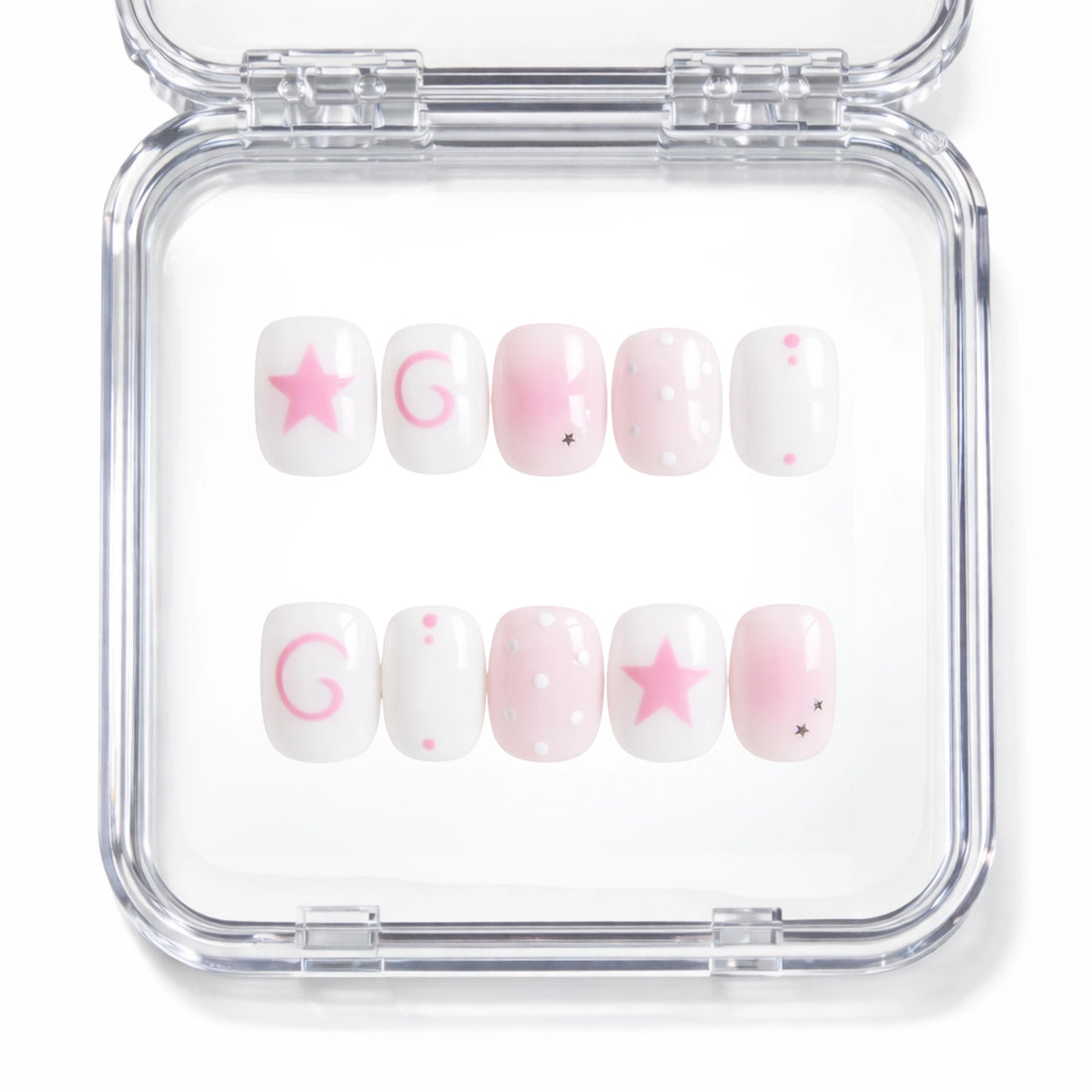 Set de 10 faux ongles press-on Pink Dream blanc et rose avec étoiles spirales et pois dans leur boîtier — faits main en gel — Mimi Press-On