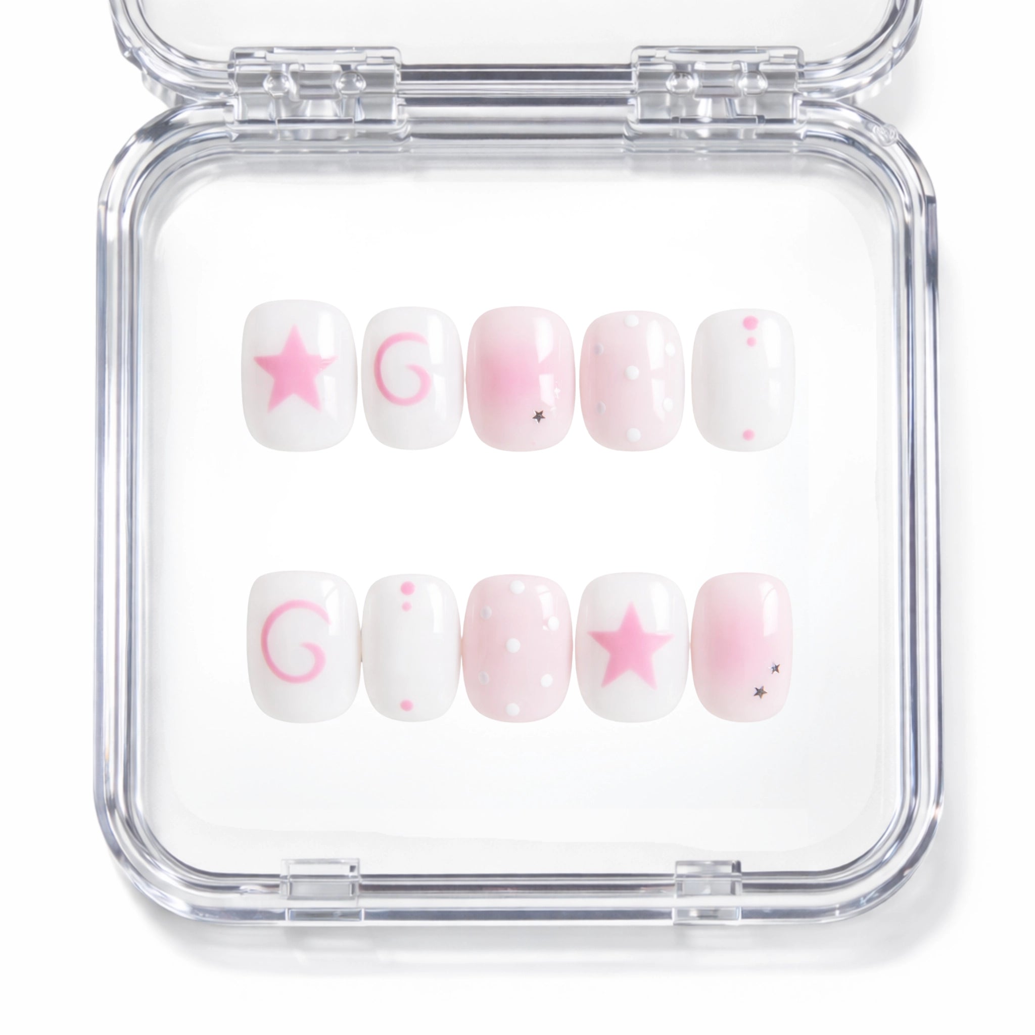 Set de 10 faux ongles press-on Pink Dream blanc et rose avec étoiles spirales et pois dans leur boîtier — faits main en gel — Mimi Press-On