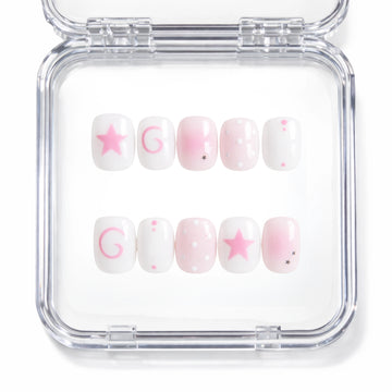 Set de 10 faux ongles press-on Pink Dream blanc et rose avec étoiles spirales et pois dans leur boîtier — faits main en gel — Mimi Press-On