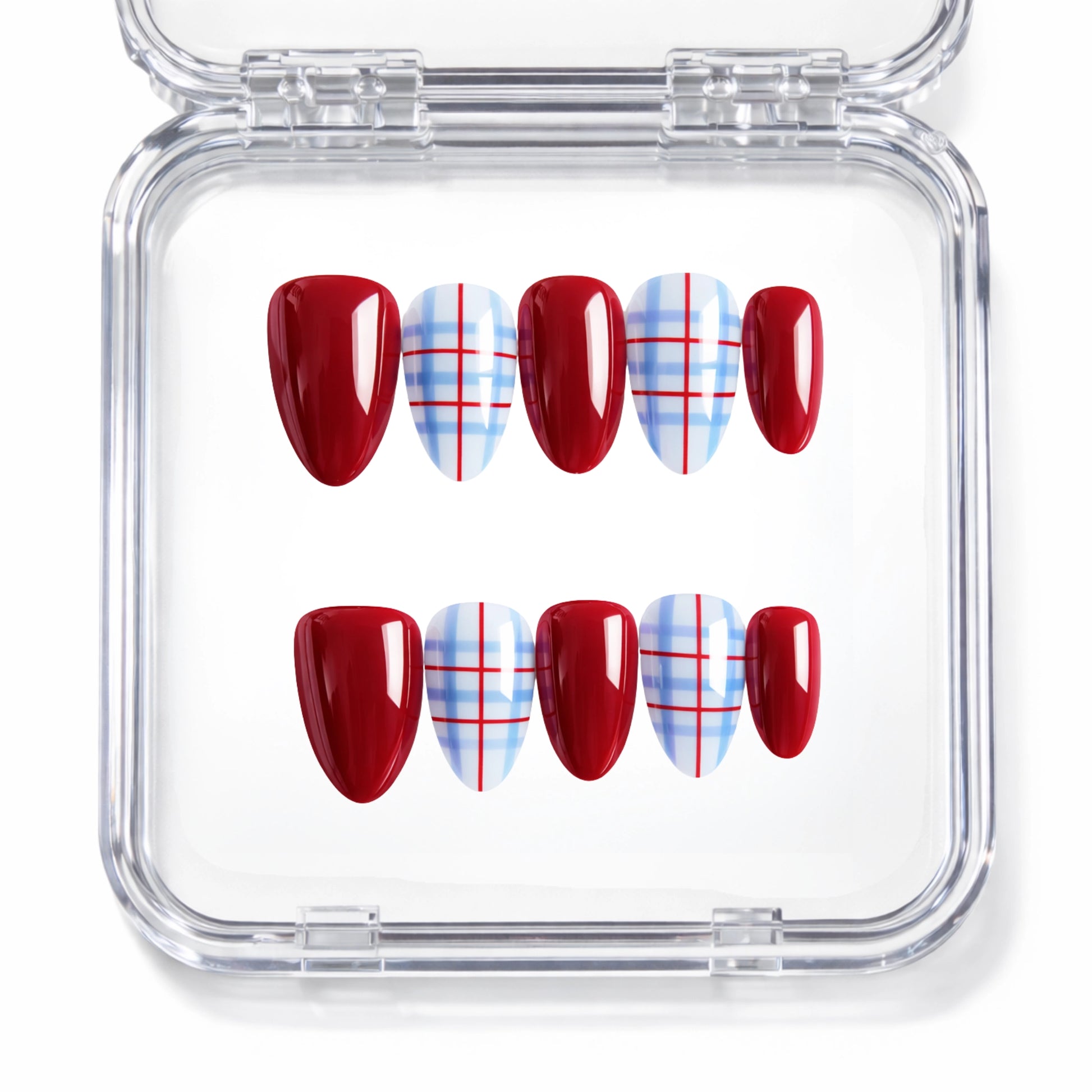 Set de 10 faux ongles press-on Plaid bordeaux cerise et tartan bleu rouge dans leur boîtier — faits main en gel — Mimi Press-On