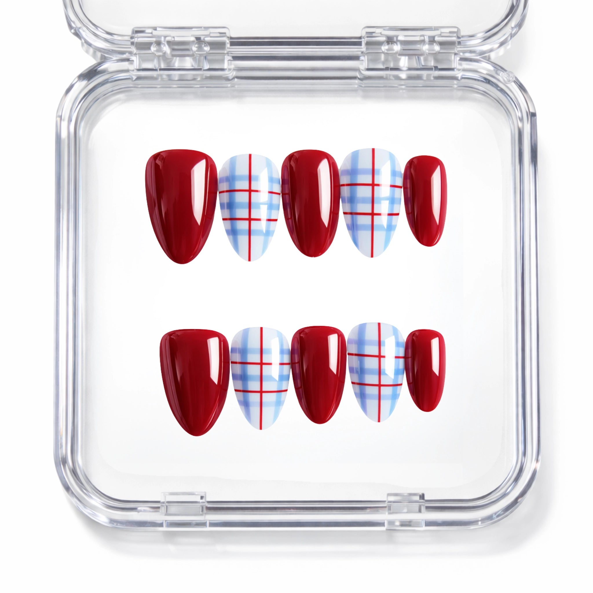 Set de 10 faux ongles press-on Plaid bordeaux cerise et tartan bleu rouge dans leur boîtier — faits main en gel — Mimi Press-On