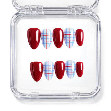 Set de 10 faux ongles press-on Plaid bordeaux cerise et tartan bleu rouge dans leur boîtier — faits main en gel — Mimi Press-On