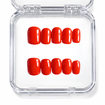 Set de 10 faux ongles press-on Tangerine Glow rouge orangé vif dans leur boîtier — faits main en gel — Mimi Press-On