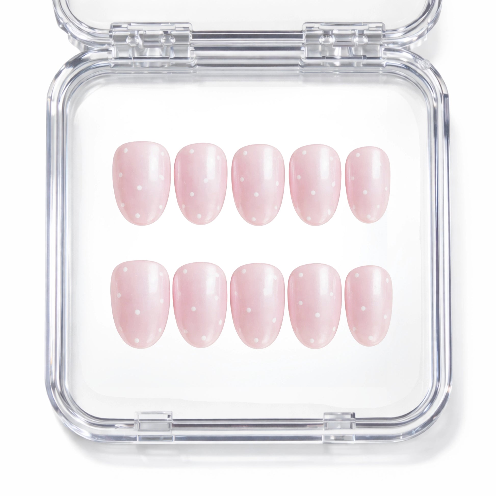 Set de 10 faux ongles press-on Hailey Dots rose poudré à pois blancs dans leur boîtier — faits main en gel — Mimi Press-On