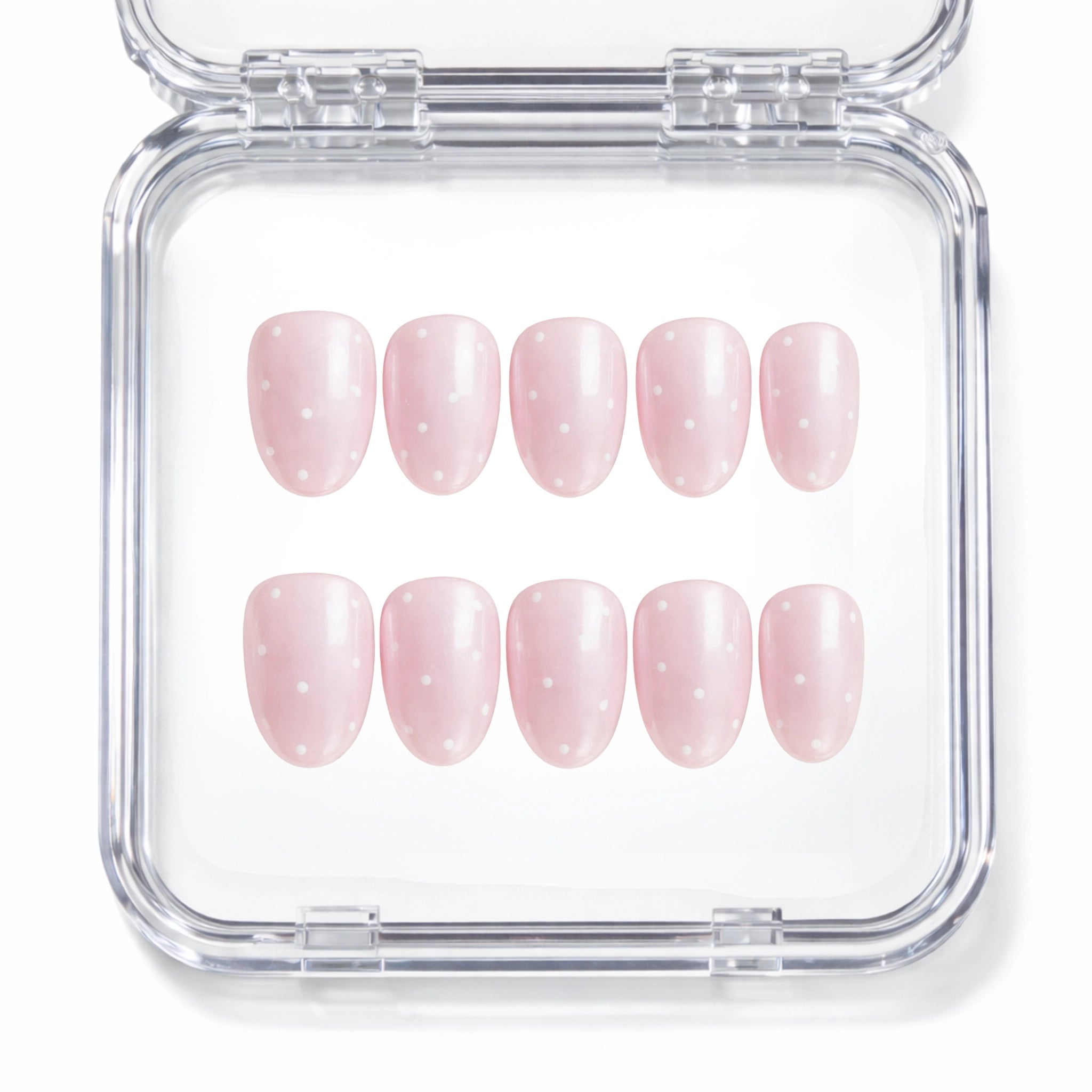 Set de 10 faux ongles press-on Hailey Dots rose poudré à pois blancs dans leur boîtier — faits main en gel — Mimi Press-On