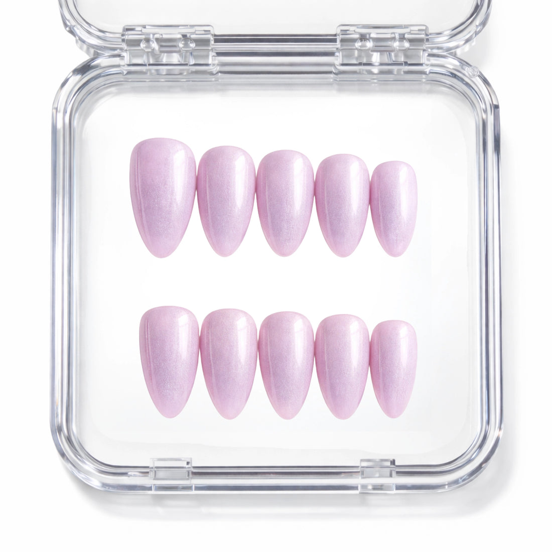 Set de 10 faux ongles press-on Lip Gloss rose lilas nacré irisé dans leur boîtier — faits main en gel — Mimi Press-On