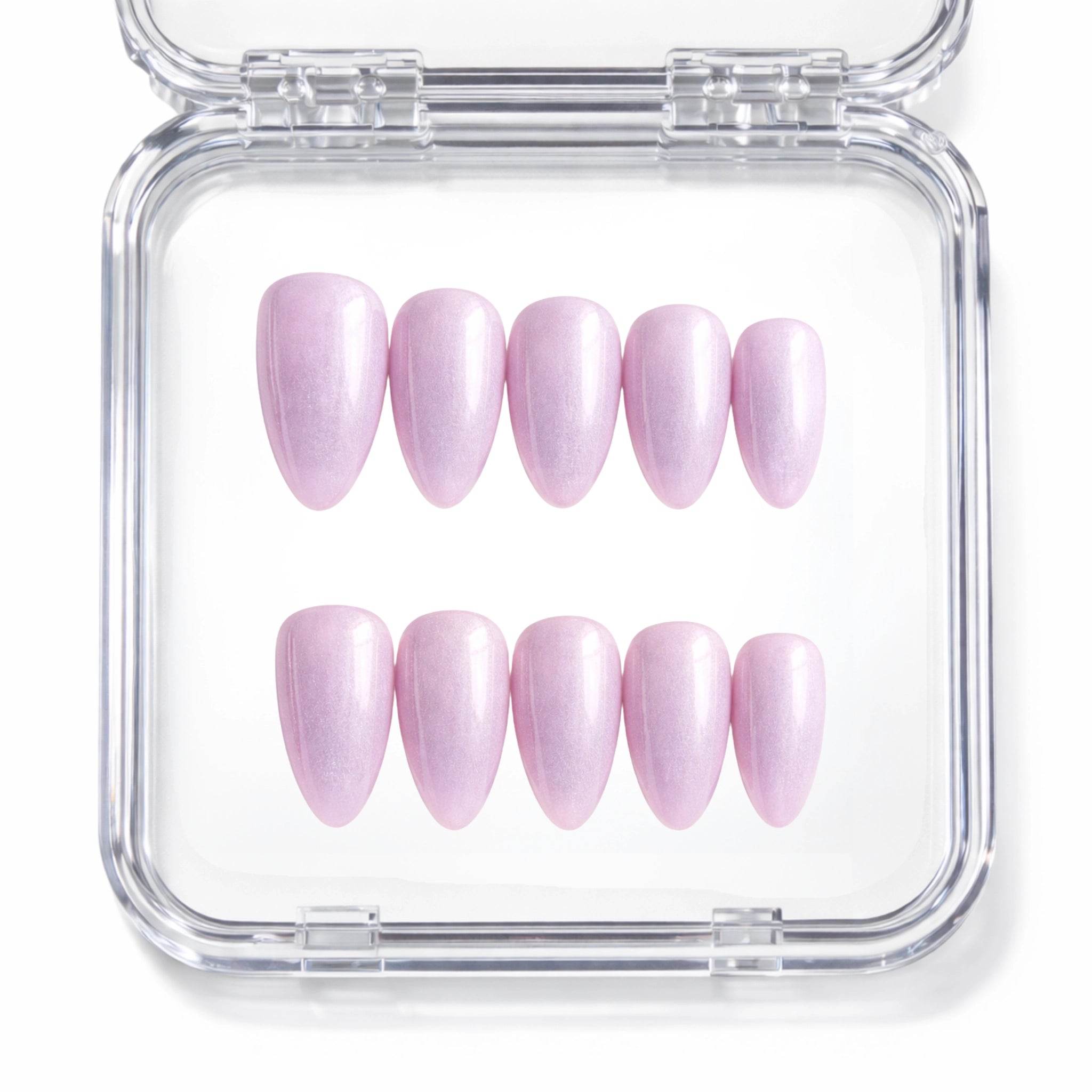 Set de 10 faux ongles press-on Lip Gloss rose lilas nacré irisé dans leur boîtier — faits main en gel — Mimi Press-On