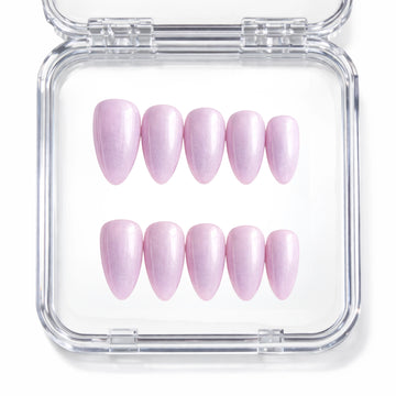 Set de 10 faux ongles press-on Lip Gloss rose lilas nacré irisé dans leur boîtier — faits main en gel — Mimi Press-On