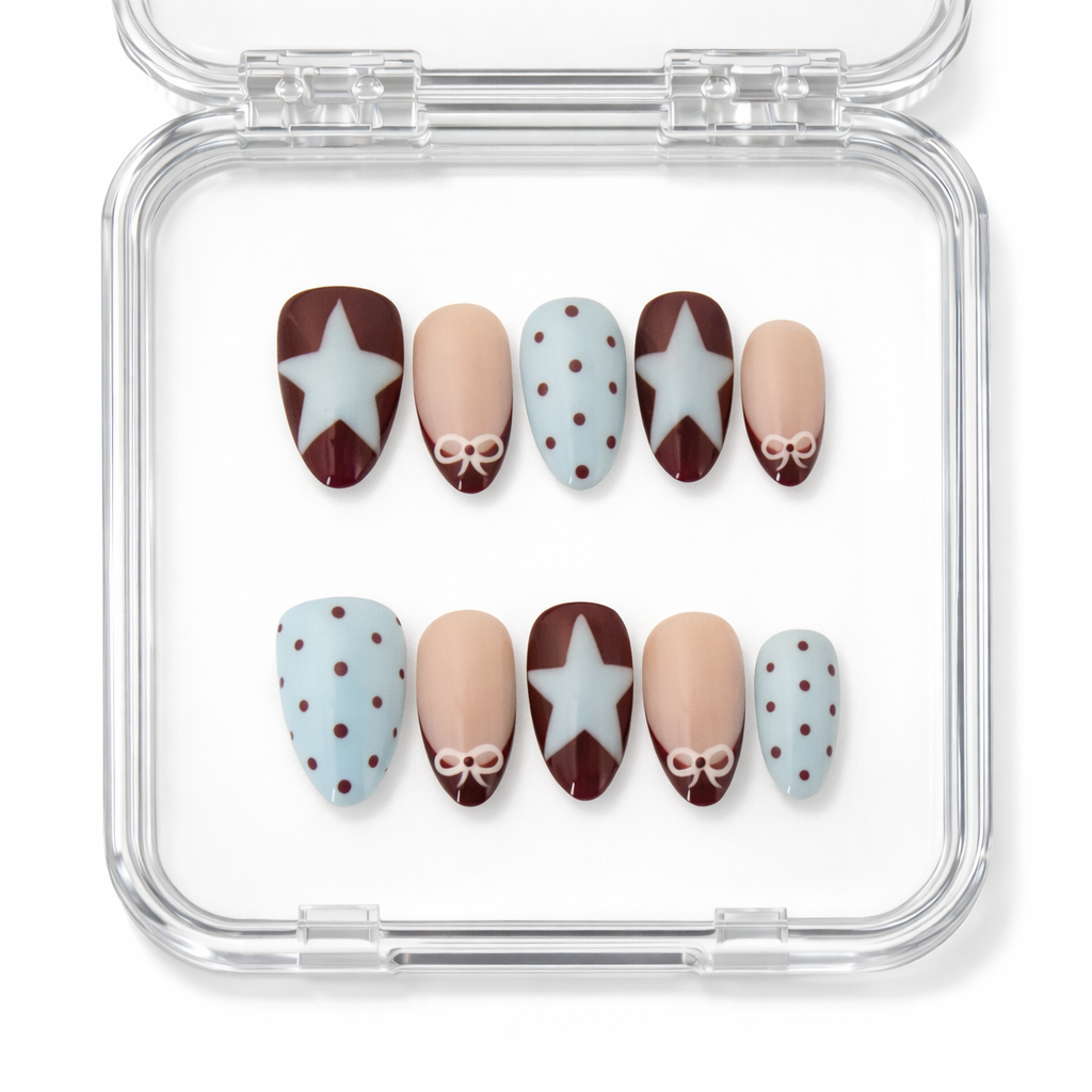 Faux ongles réutilisables faits main étoiles et pois marron et bleu 