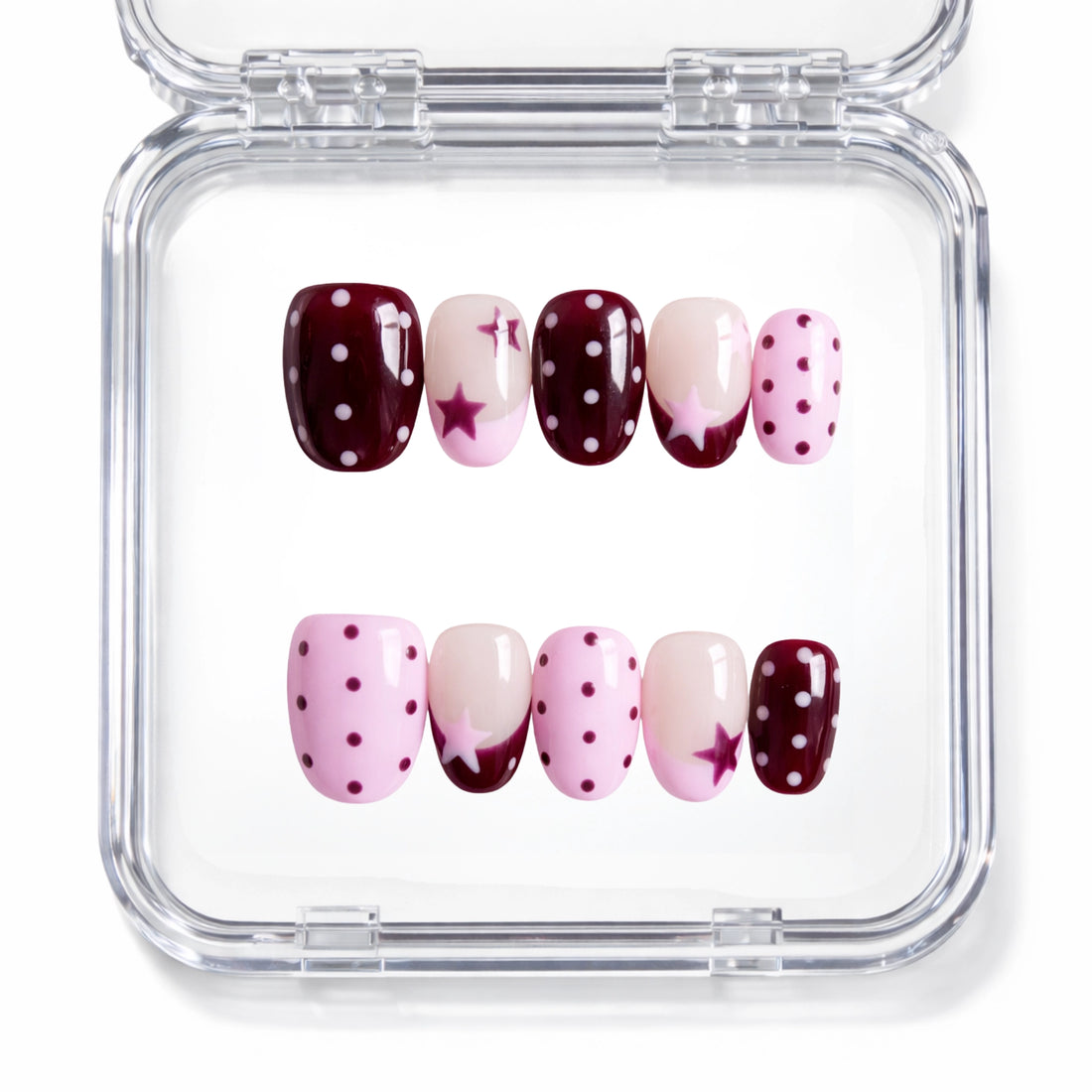 Set de 10 faux ongles press-on Berry Star à étoiles et pois bordeaux et rose dans leur boîtier — faits main en gel — Mimi Press-On