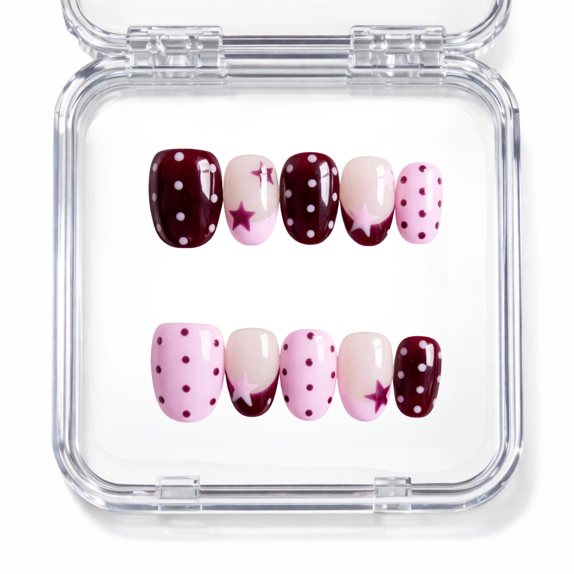 Set de 10 faux ongles press-on Berry Star à étoiles et pois bordeaux et rose dans leur boîtier — faits main en gel — Mimi Press-On