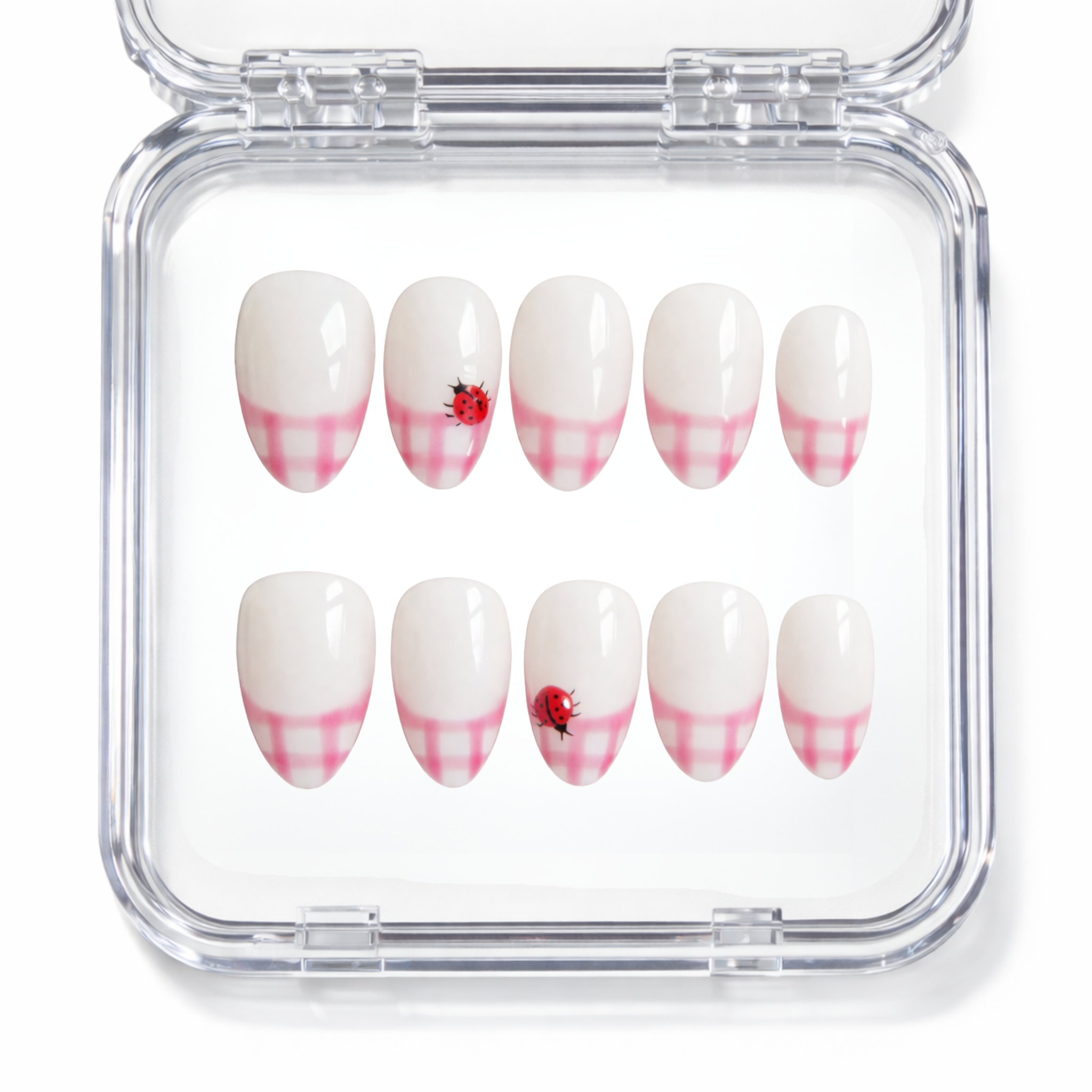 Set de 10 faux ongles press-on Lady Bug french vichy rose avec coccinelles dans leur boîtier — faits main en gel — Mimi Press-On