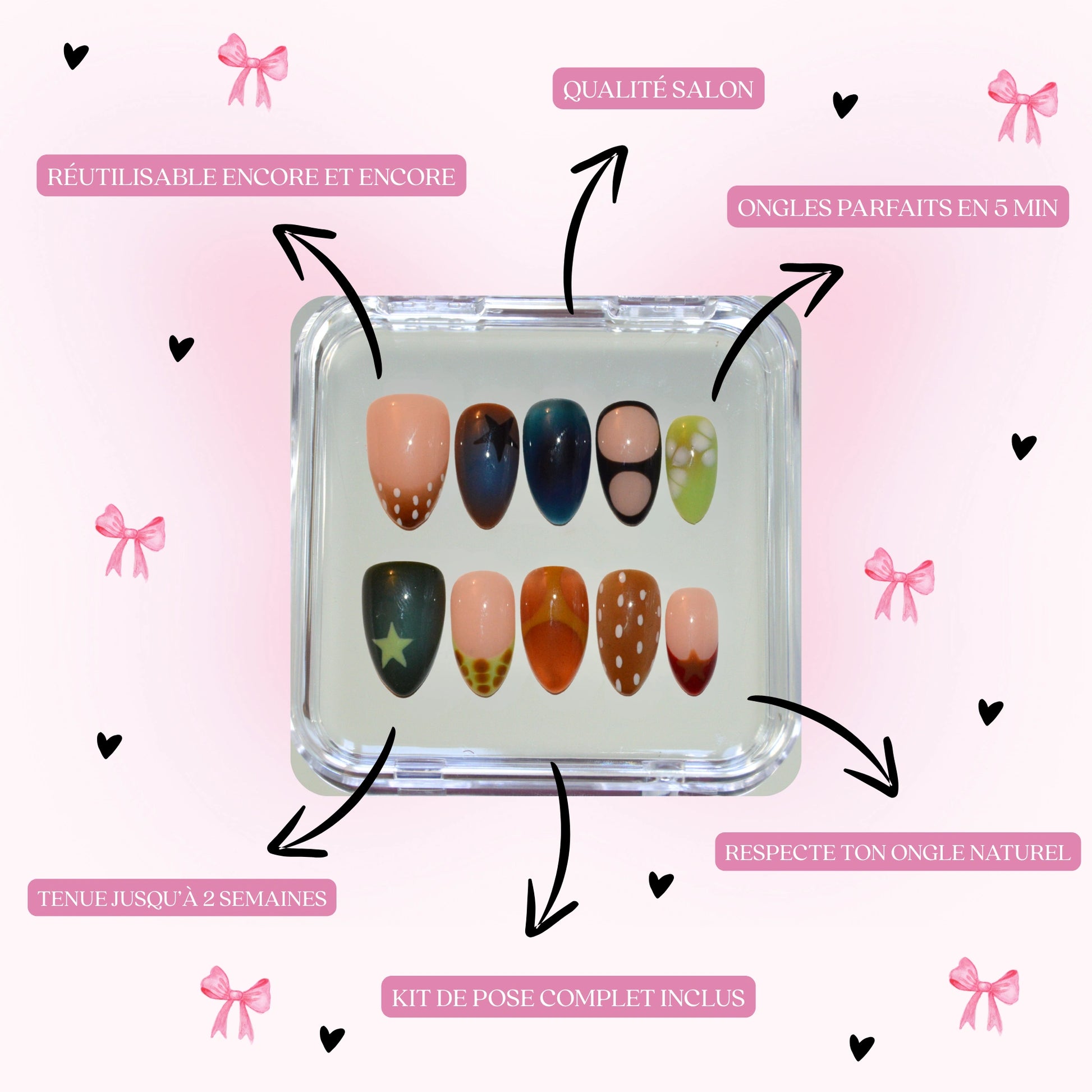 Détail du set Wonderfall sur deux doigts, motif étoile vert mat et pois blancs sur beige, press-on nails faits main Mimi.