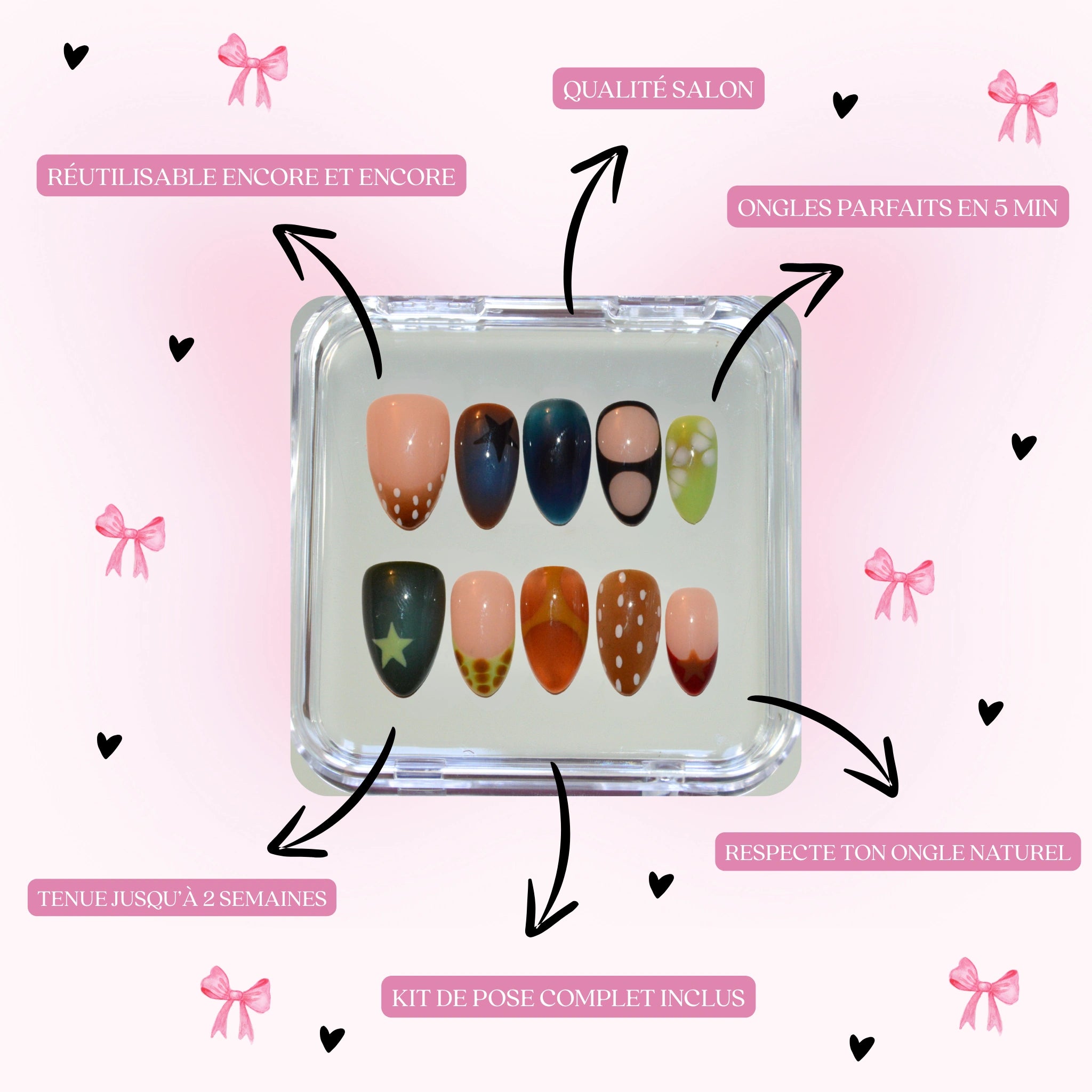 Détail du set Wonderfall sur deux doigts, motif étoile vert mat et pois blancs sur beige, press-on nails faits main Mimi.