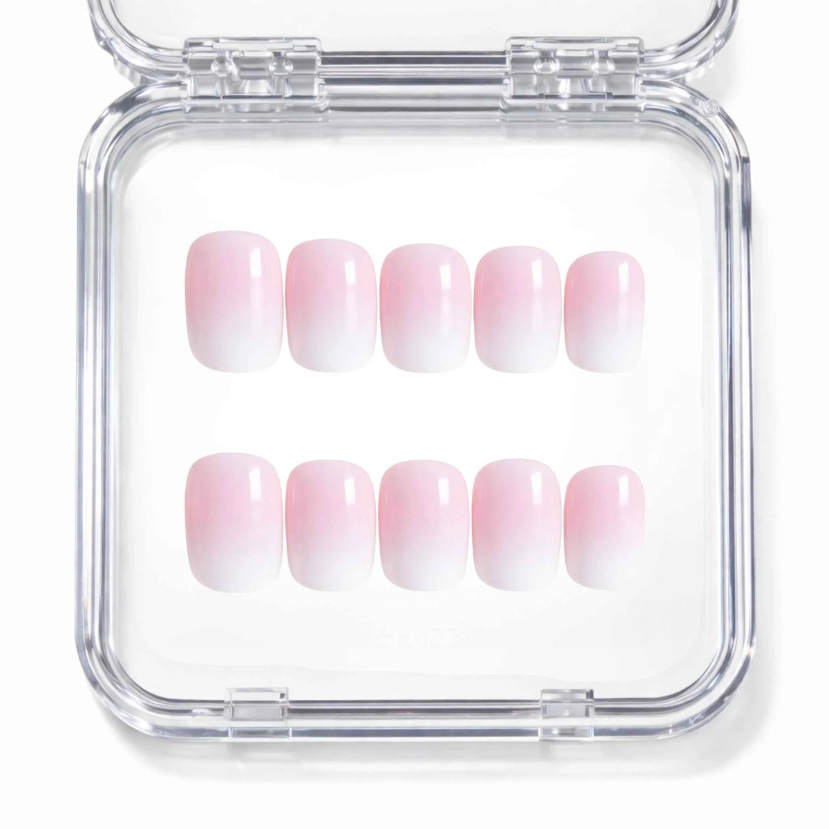 Set de 10 faux ongles press-on baby boomer ombré rose et blanc dans leur boîtier — faits main en gel — Mimi Press-On